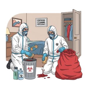 Biohazard Cleaning team in bedroom cleaning blood