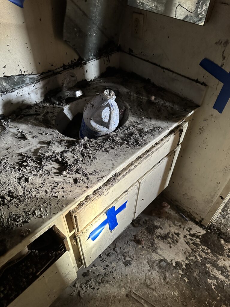 Bathroom after Fire being assessed by mitigation team