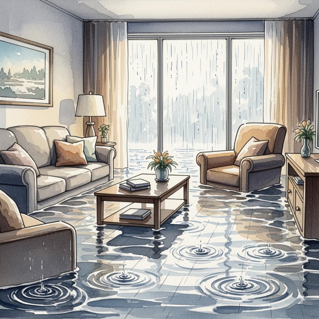 Flood damage in living room with standing water